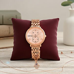 KAPCHA Timeless Women's Watch and Hamsa Hand Bracelet Gift Set Versatile Stylish Mesh Chain Strap, Round Dial, Quartz Movement, Ideal for Both Casual and Formal