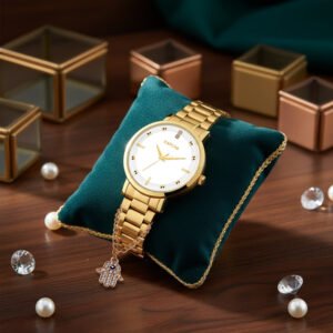 KAPCHA Luxury Women's Watch and Hamsa Hand Bracelet Gift Set Combo | Reliable Quartz Movement, and Adjustable Fit Elegant Jewellery Stack for Her