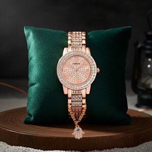 KAPCHA Crystal Ladies Watch and Hamsa Hand Bracelet Gift Combo Set, Rose Gold, Double Crystal Bezel, Roman Numerals, Jewelled Band