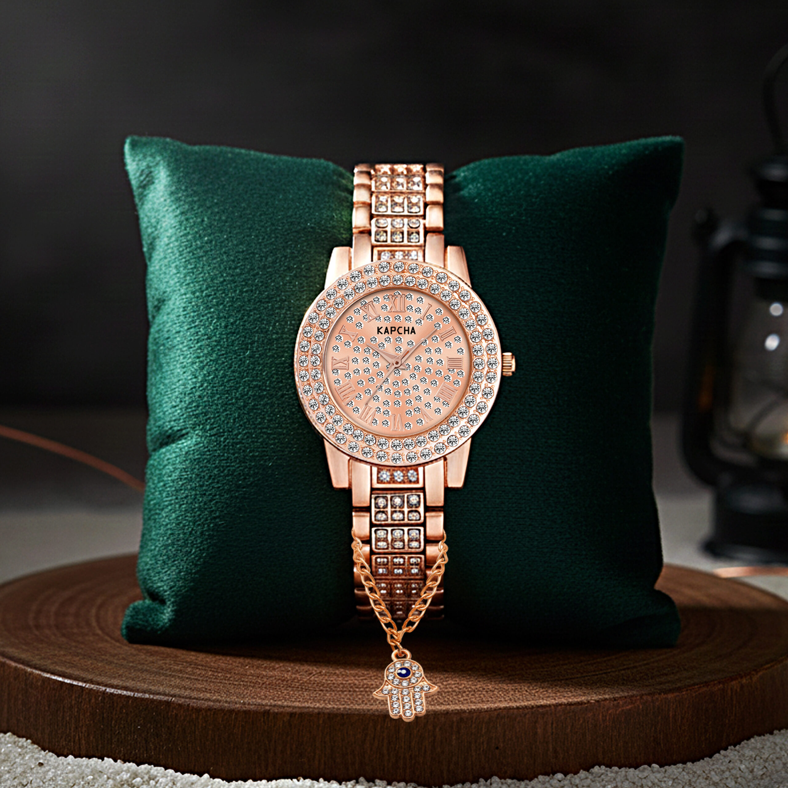 KAPCHA Crystal Ladies Watch and Hamsa Hand Bracelet Gift Combo Set, Rose Gold, Double Crystal Bezel, Roman Numerals, Jewelled Band