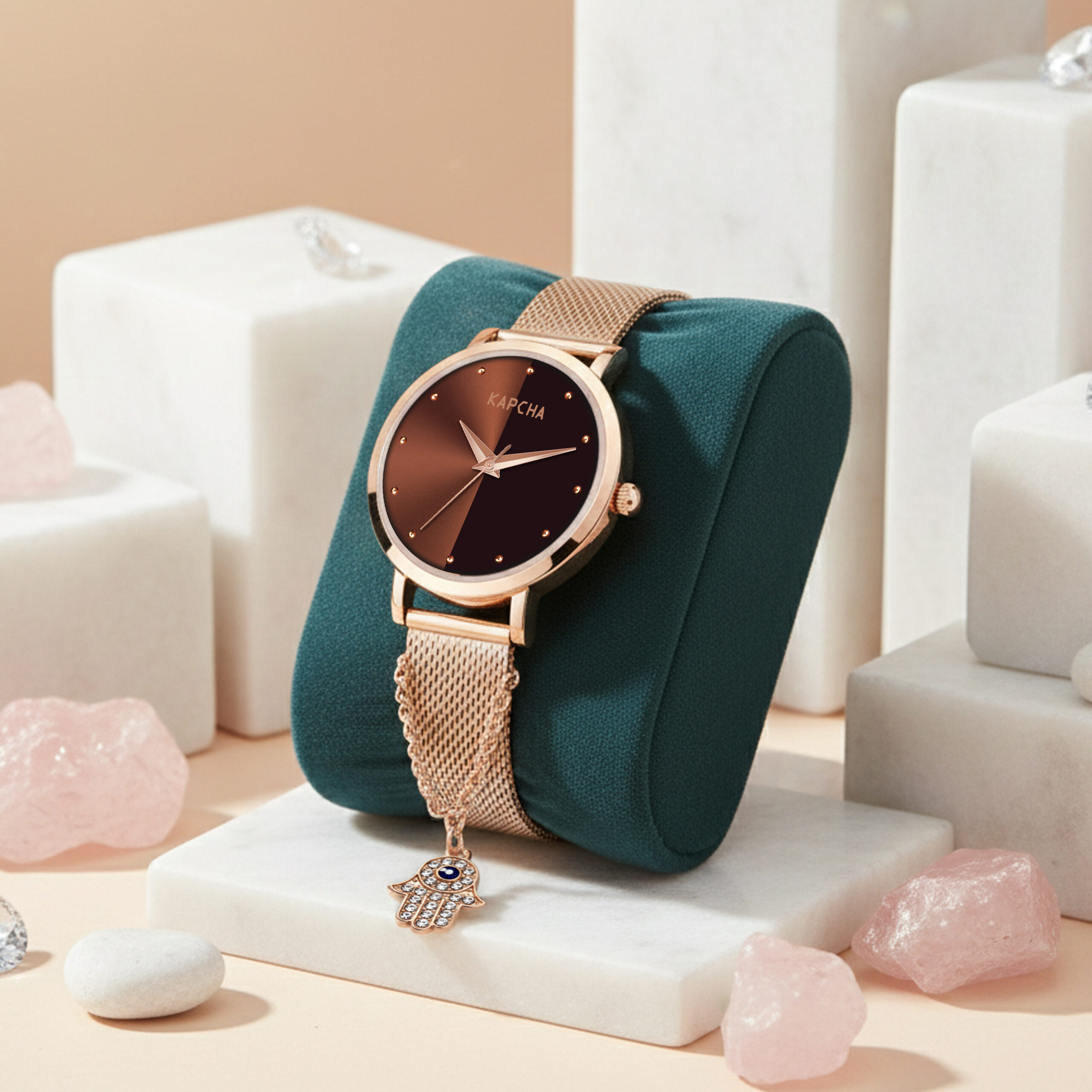 KAPCHA Minimal Elegance Women's Watch & Hamsa Hand Bracelet Set Chain Strap with Round Dial, Quartz Movement
