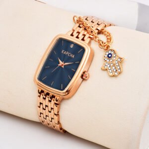 KAPCHA Women?s Rose Gold Watch with Blue Dial & Evil Eye Charm Bracelet | Elegant Gift Combo Set | Rectangular Case | Water Resistant | Ideal Gift for Her