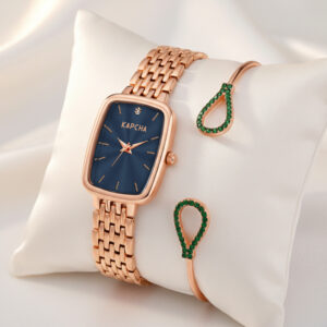 KAPCHA Women?s Rose Gold Watch with Blue Dial & Green Teardrop Bracelet | Elegant Gift Combo Set | Rectangular Case | Water Resistant | Ideal Gift for Her