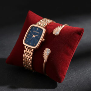 KAPCHA Women?s Rose Gold Watch with Blue Dial & Angel Wing Bracelet | Elegant Gift Combo Set | Rectangular Case | Water Resistant | Ideal Gift for Her