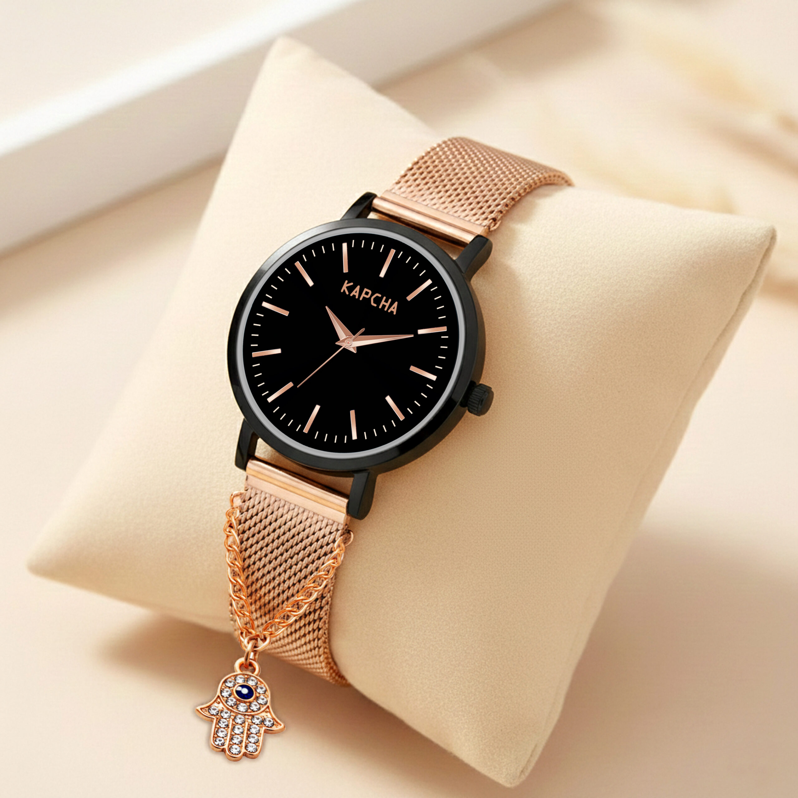 KAPCHA Modern Rose Gold Watch & Hamsa Hand Bracelet Set for Women |Chain Watch with Classic Appeal Quartz Movement Ideal Birthday Gift for Girlfriend/Friend