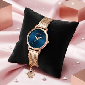 KAPCHA Stylish Analog Watch with Hamsa Hand Bracelet Combo | Set of 2 | Designer Ladies Gift Box | Quartz Movement, Adjustable Fit