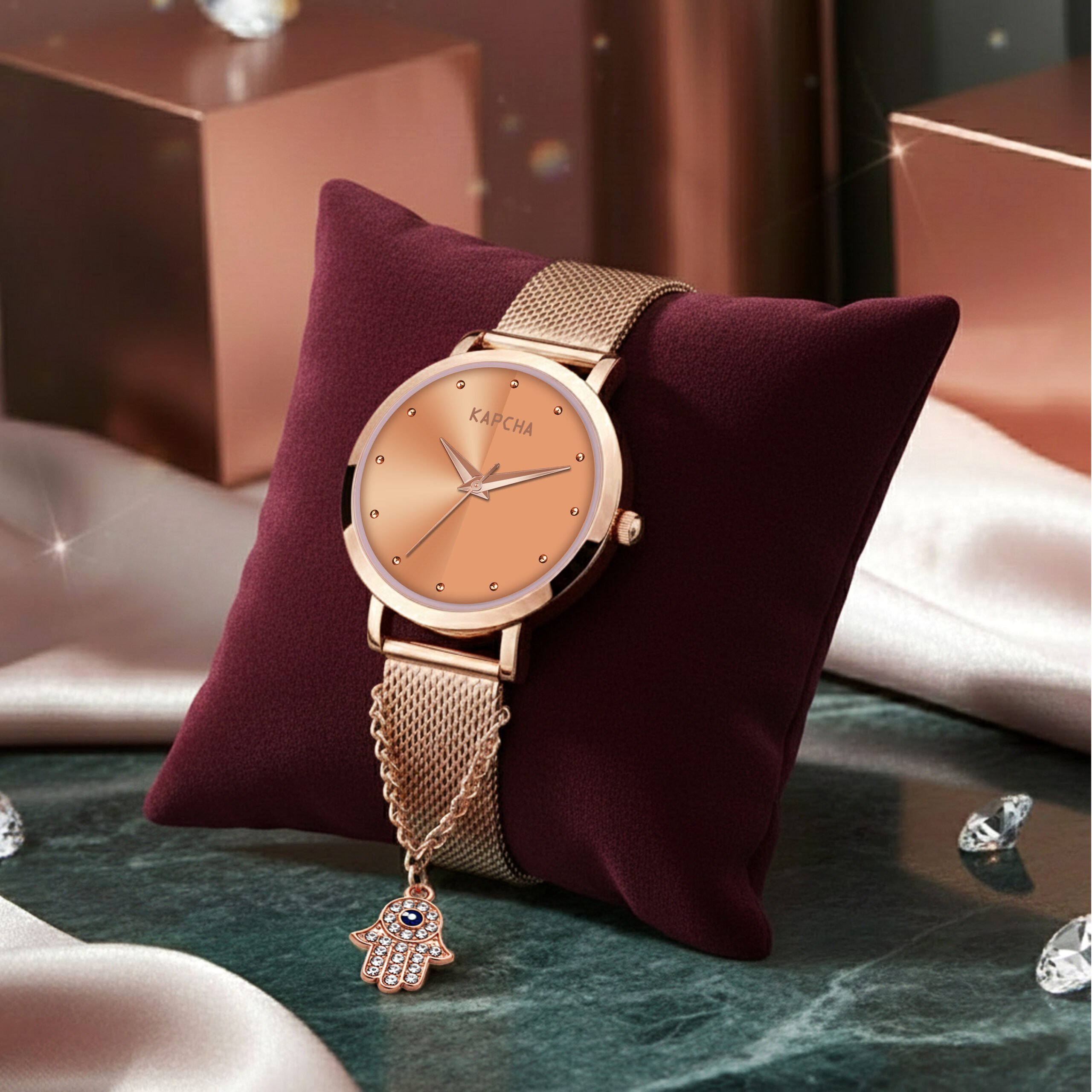 KAPCHA Premium Women's Watch & Hamsa Hand Bracelet | Chain Strap, Round Dial, Quartz Movement | Anniversary Present for Wife/Mom, Casual and Formal