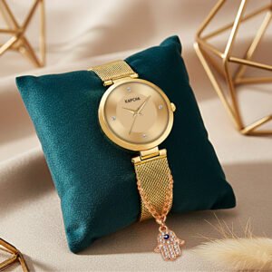 KAPCHA Stainless Steel Watch and Hamsa Hand Chain Bracelet Combo for Women | Fashionable Workwear Jewellery| Quartz Movement | Gift for Her