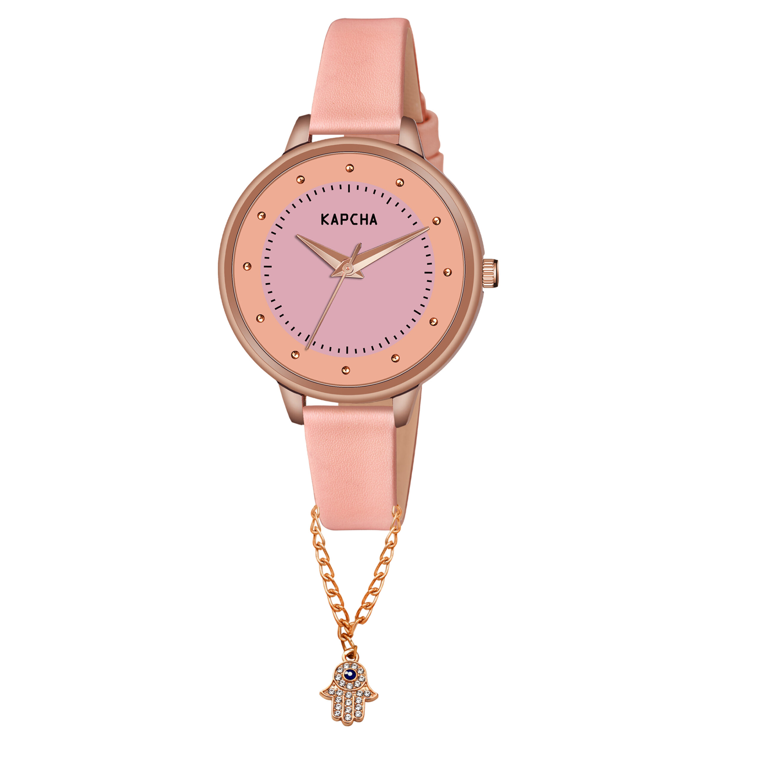 KAPCHA Leather Strap Watch & Hamsa Hand Bracelet Set for Women | Round Dial Shape, Quartz Movement | Fashion Accessory | Gift for Mom/Girlfriend/Friend - Image 4