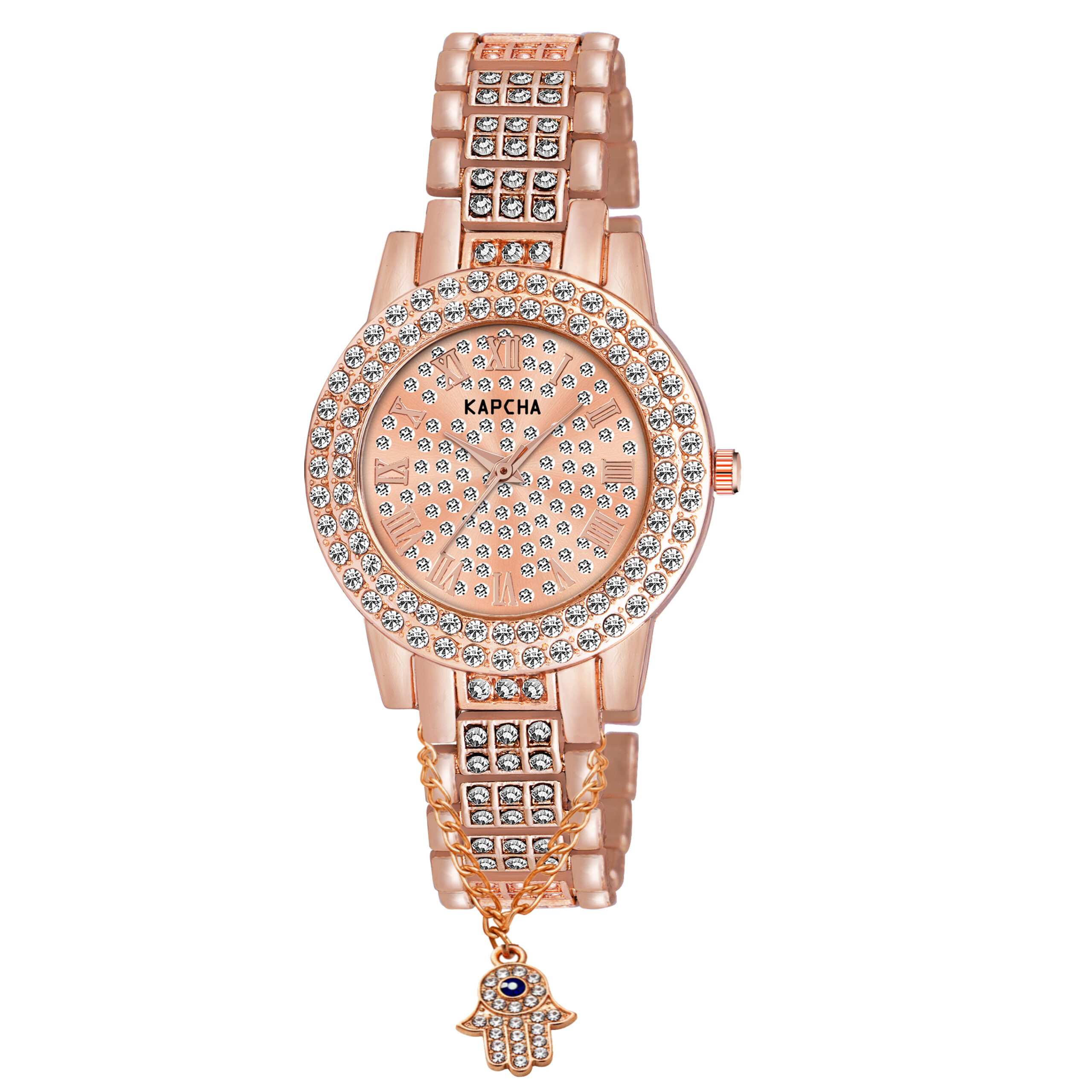 KAPCHA Crystal Ladies Watch and Hamsa Hand Bracelet Gift Combo Set, Rose Gold, Double Crystal Bezel, Roman Numerals, Jewelled Band - Image 5