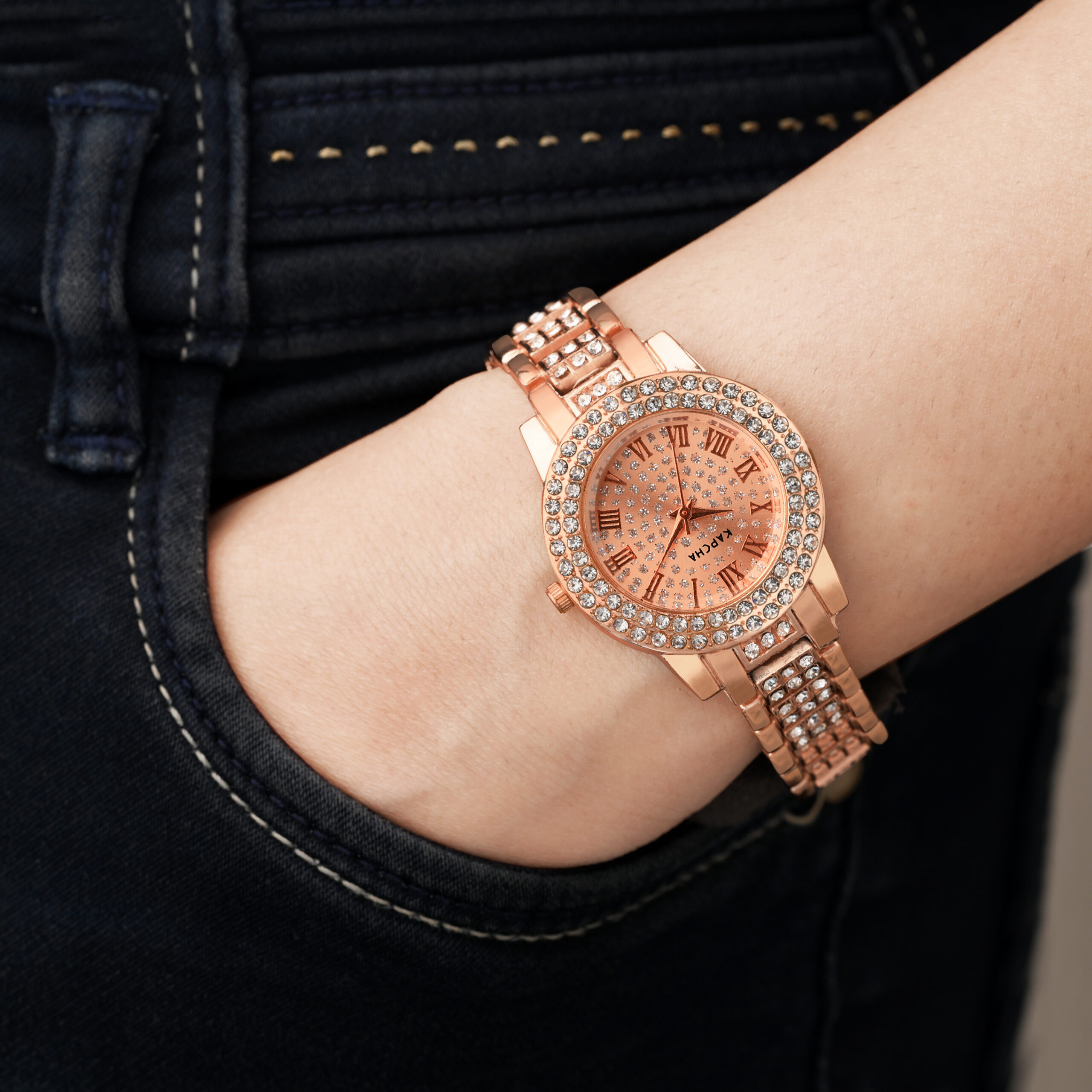 KAPCHA Crystal Ladies Watch and Hamsa Hand Bracelet Gift Combo Set, Rose Gold, Double Crystal Bezel, Roman Numerals, Jewelled Band - Image 6
