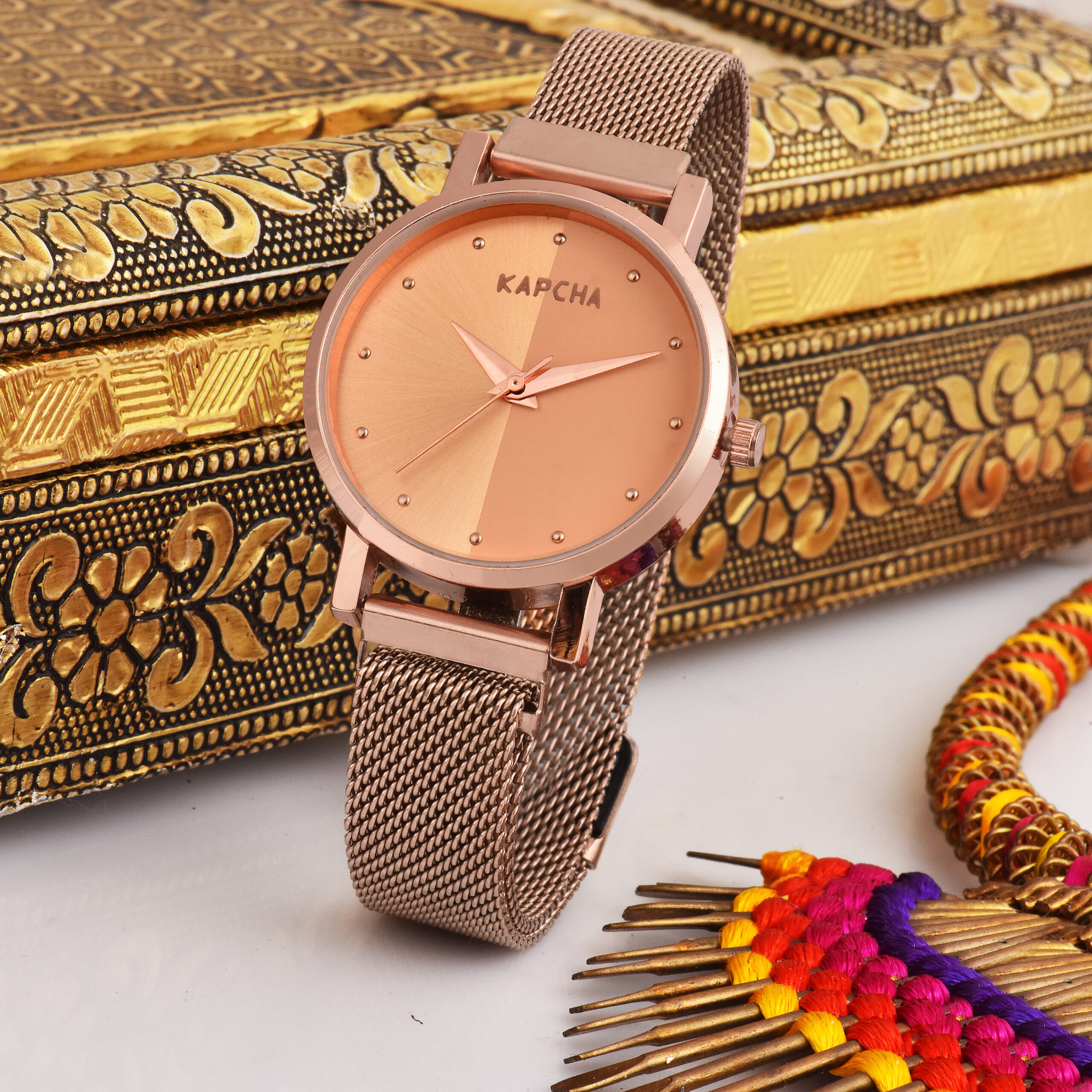 KAPCHA Premium Women's Watch & Hamsa Hand Bracelet | Chain Strap, Round Dial, Quartz Movement | Anniversary Present for Wife/Mom, Casual and Formal - Image 5