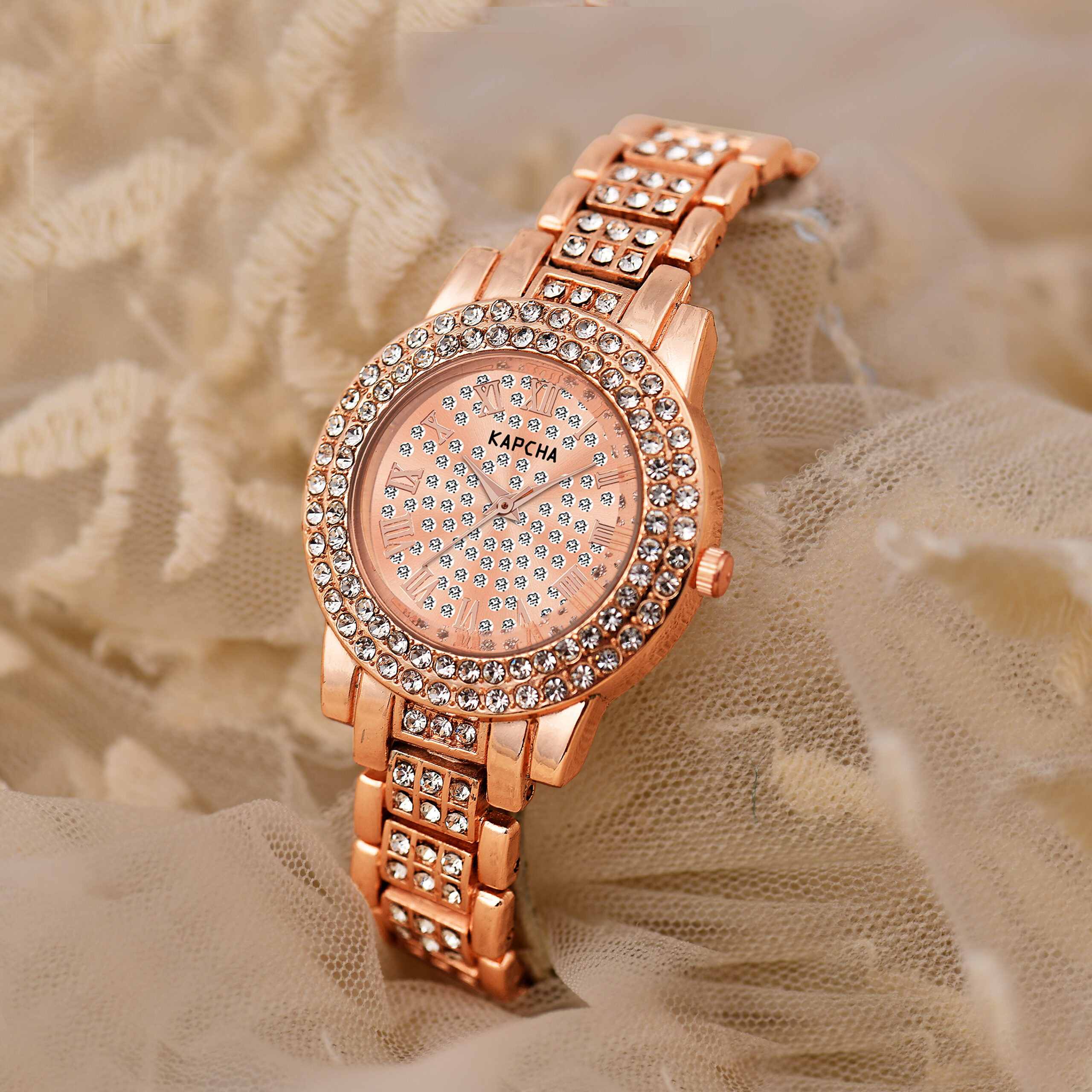 KAPCHA Crystal Ladies Watch and Hamsa Hand Bracelet Gift Combo Set, Rose Gold, Double Crystal Bezel, Roman Numerals, Jewelled Band - Image 7