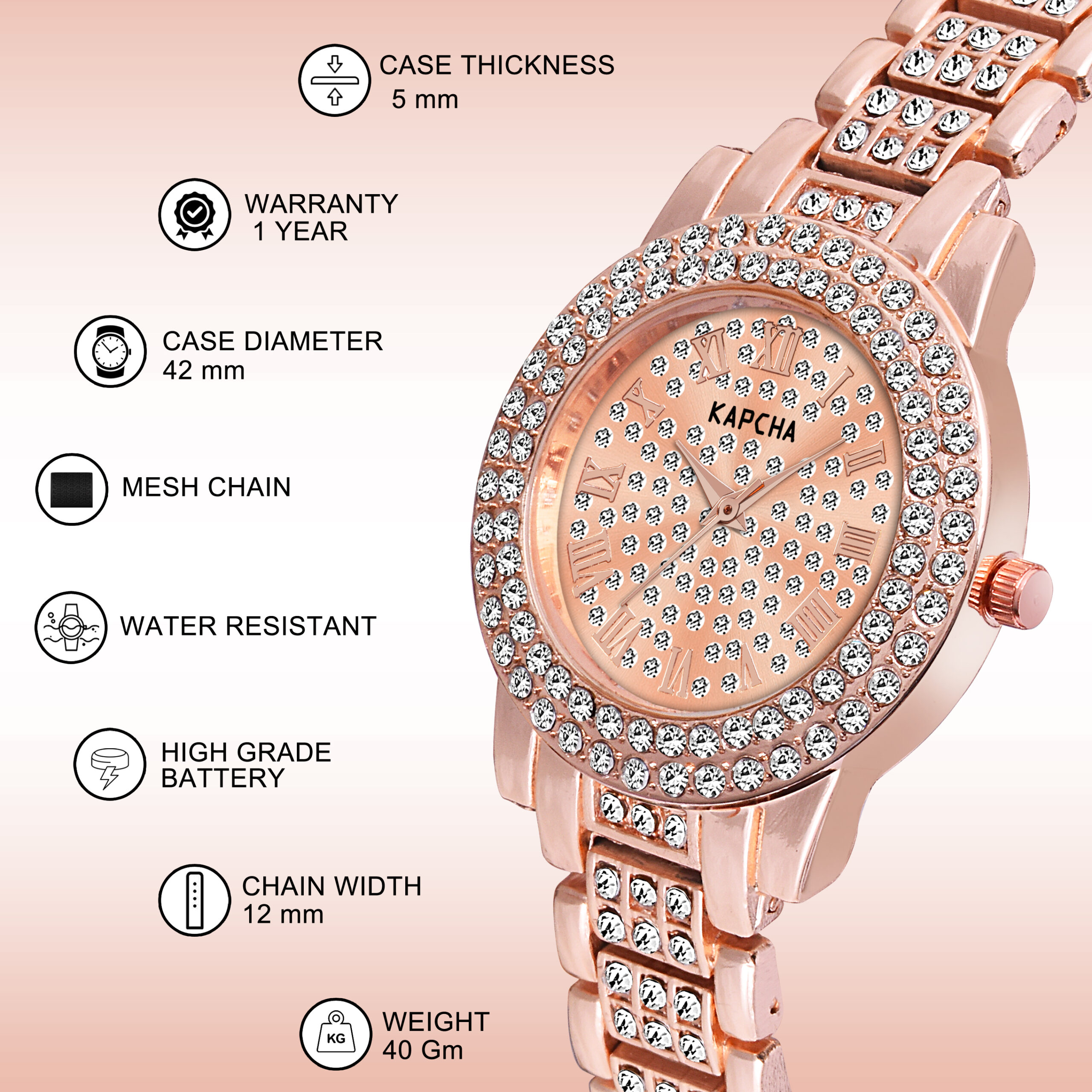 KAPCHA Crystal Ladies Watch and Hamsa Hand Bracelet Gift Combo Set, Rose Gold, Double Crystal Bezel, Roman Numerals, Jewelled Band - Image 8